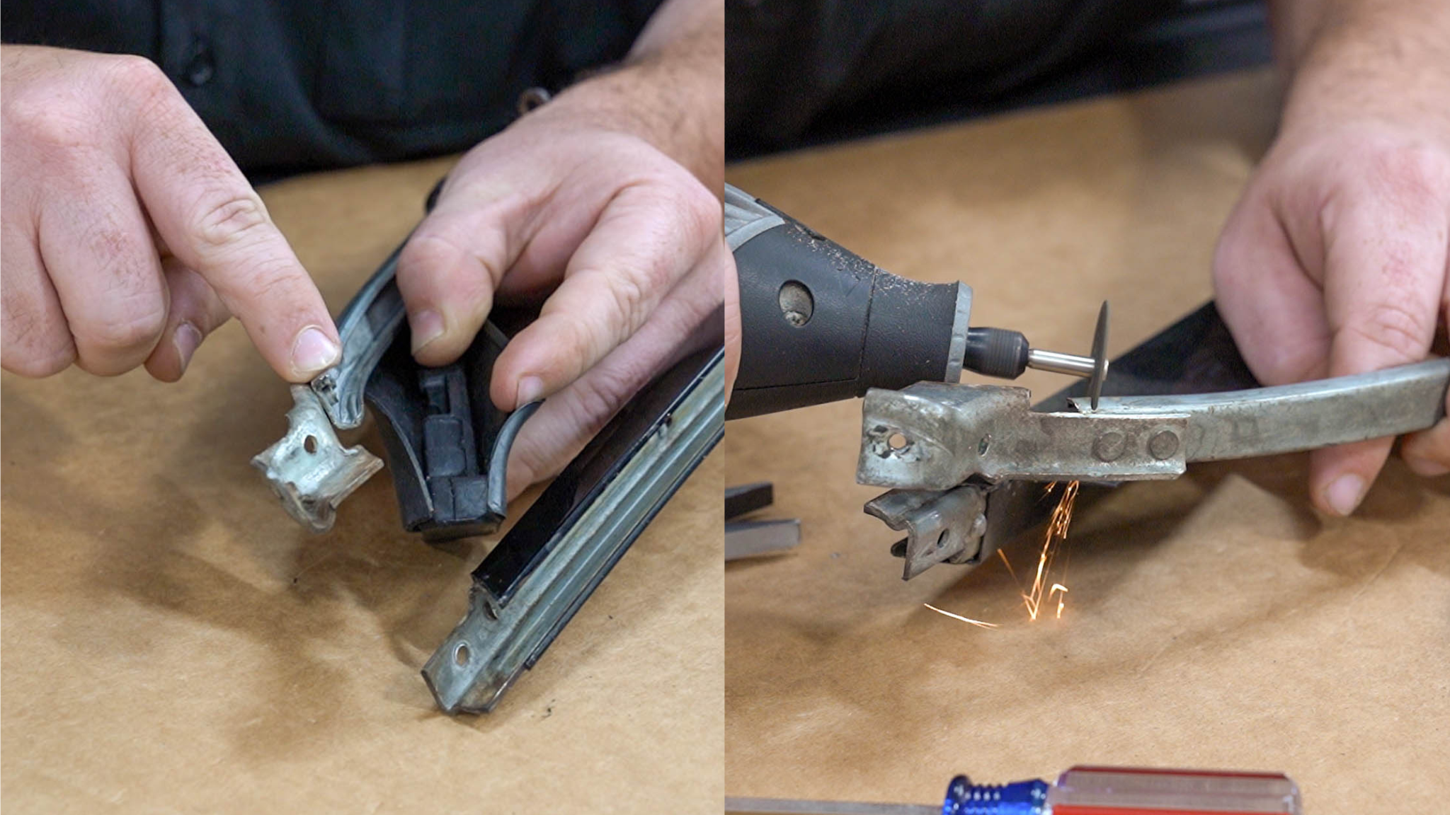 Removing crushed end of vent window channel